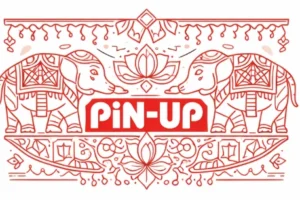 Pin-Up Casino India branding with geometric Indian elephants and red outline design on white background